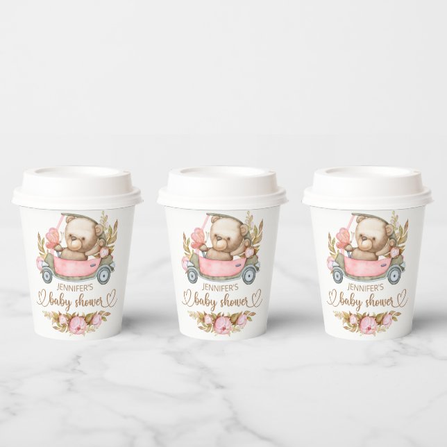 Teddy Bear Baby Bear Baby Shower Floral Paper Cups (Multi)