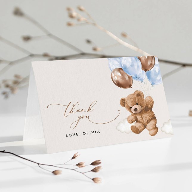 Teddy Bear, Baby Bear, Blue Balloons, Baby Shower Thank You Card (Creator Uploaded)