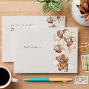 Teddy Bear, Baby Bear, Brown Balloons, Baby Shower Envelope