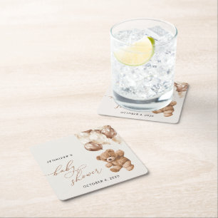 Teddy Bear, Baby Bear, Brown Balloons, Baby Shower Square Paper Coaster