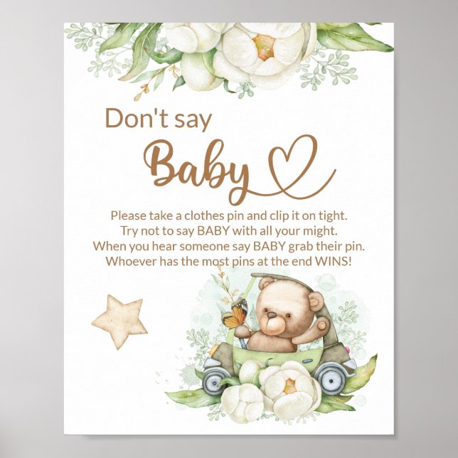 Teddy bear baby bear don't say baby shower game po poster (Front)