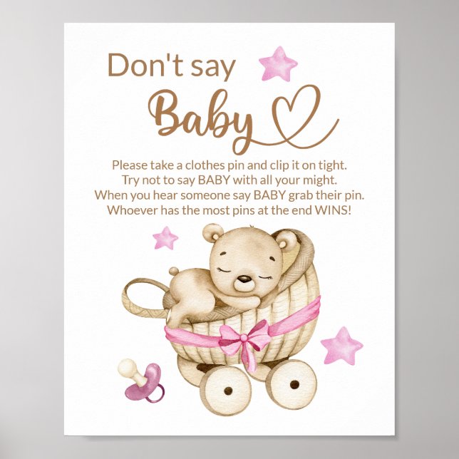 Teddy bear baby bear don't say baby shower game poster (Front)