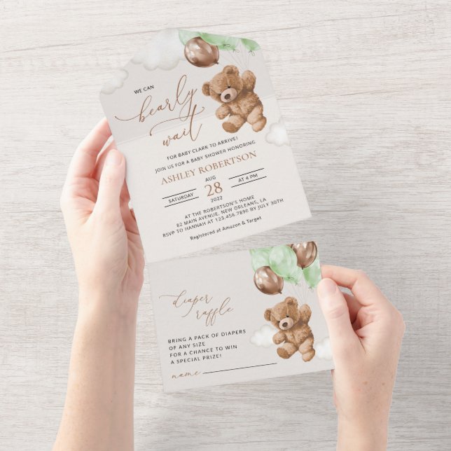 Teddy Bear, Baby Bear, Green Balloons, Baby Shower All In One Invitation (Tearaway)
