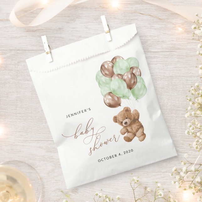 Teddy Bear, Baby Bear, Green Balloons, Baby Shower Favour Bag (Clipped)