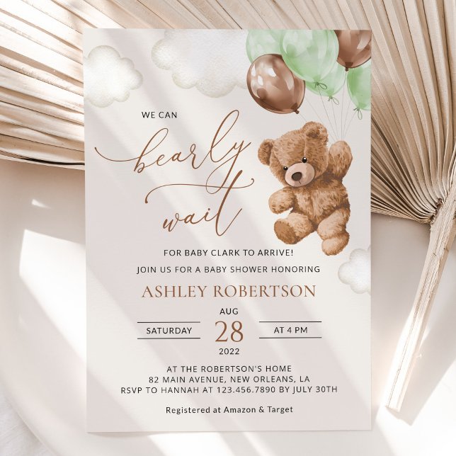 Teddy Bear, Baby Bear, Green Balloons, Baby Shower Invitation (Creator Uploaded)