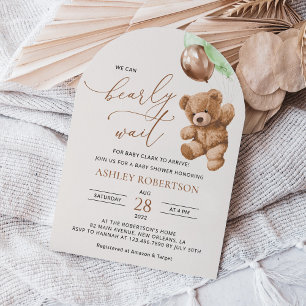 Teddy Bear, Baby Bear, Green Balloons, Baby Shower Invitation
