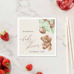 Teddy Bear, Baby Bear, Green Balloons, Baby Shower Napkin
