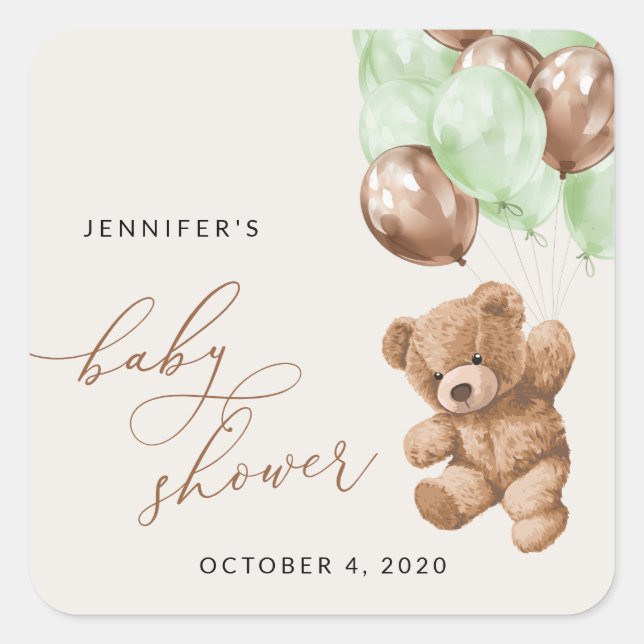 Teddy Bear, Baby Bear, Green Balloons, Baby Shower Square Sticker (Front)