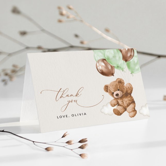 Teddy Bear, Baby Bear, Green Balloons, Baby Shower Thank You Card (Creator Uploaded)