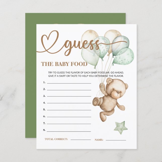 Teddy Bear Baby Bear Guess the Baby Food Card. (Front/Back)