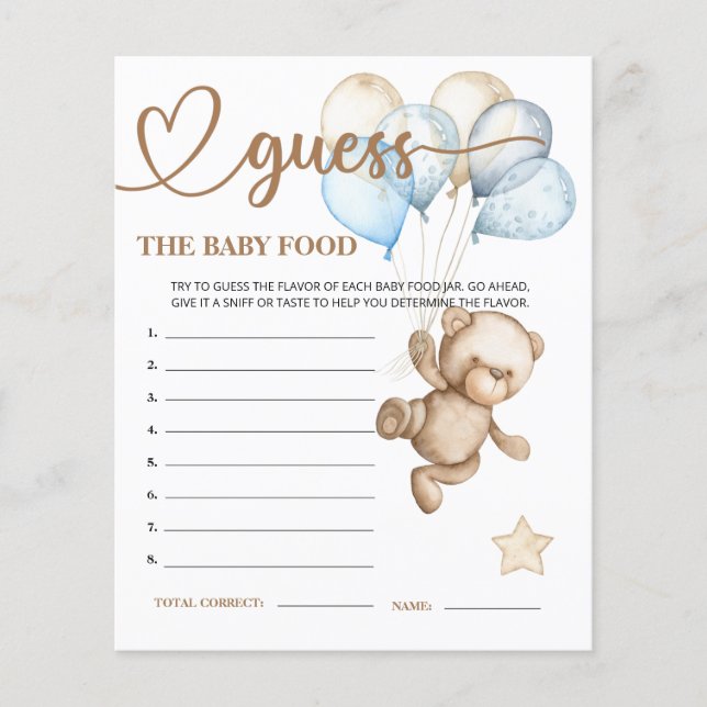 Teddy Bear Baby Bear Guess the Baby Food Card. (Front)