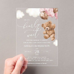 Teddy Bear, Baby Bear, Pink Balloons, Baby Shower Acrylic Invitations