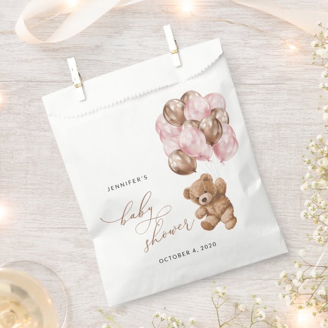 Teddy Bear, Baby Bear, Pink Balloons, Baby Shower Favour Bag (Clipped)