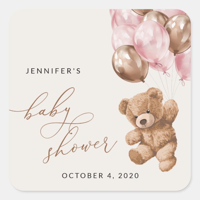 Teddy Bear, Baby Bear, Pink Balloons, Baby Shower Square Sticker (Front)
