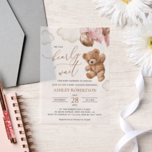 Teddy Bear, Baby Bear, Pink Balloons, Baby Shower Vellum Invitations