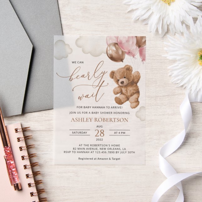 Teddy Bear, Baby Bear, Pink Balloons, Baby Shower Vellum Invitations (Wedding)