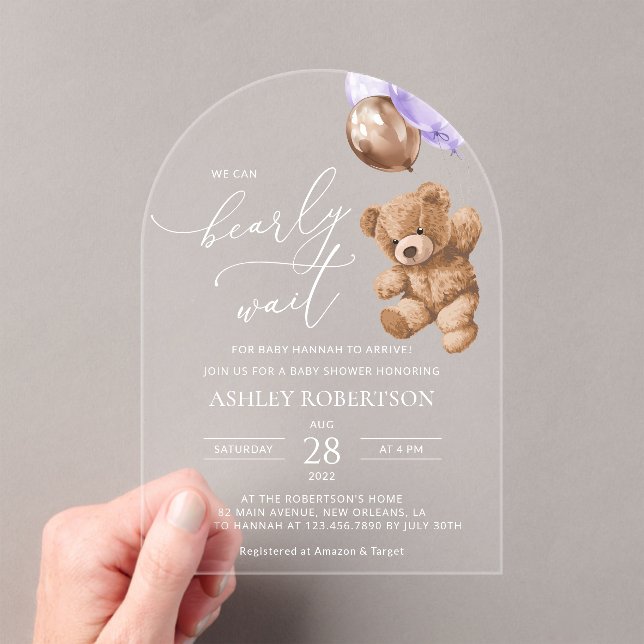 Teddy Bear, Baby Bear, Purple Balloon, Baby Shower Acrylic Invitations (Insitu (Handheld))