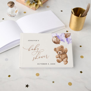 Teddy Bear, Baby Bear, Purple Balloon, Baby Shower Guest Book