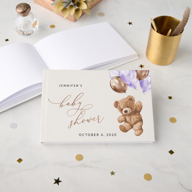 Teddy Bear, Baby Bear, Purple Balloon, Baby Shower Guest Book (Front Open)