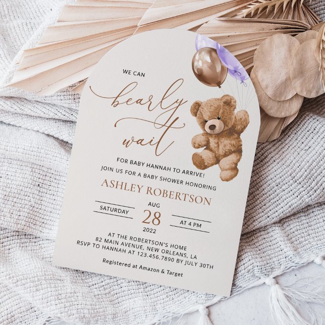 Teddy Bear, Baby Bear, Purple Balloon, Baby Shower Invitation (Creator Uploaded)