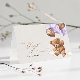Teddy Bear, Baby Bear, Purple Balloon, Baby Shower Thank You Card