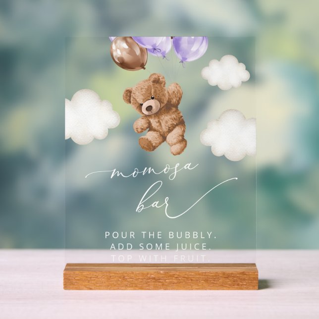 Teddy Bear, Baby Bear, Purple Balloons, Momosa Bar Acrylic Sign (Neutral)