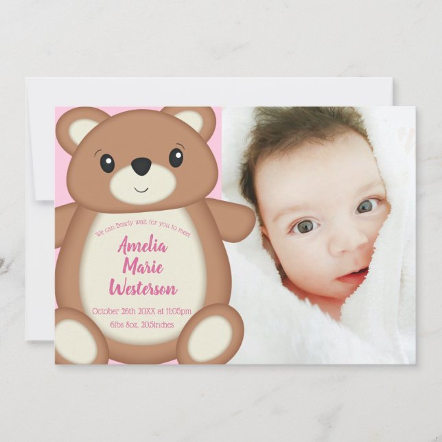 Teddy Bear Baby Birth Announcement (Front)