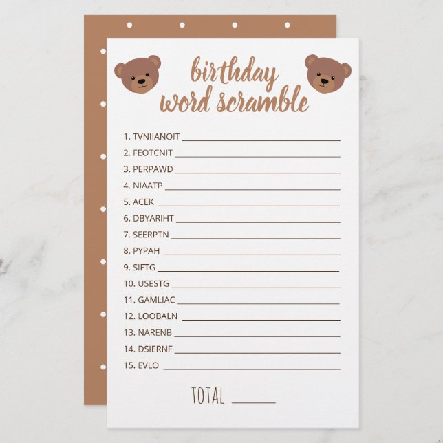 Teddy Bear Baby Birthday Word Scrambe Game (Front/Back)