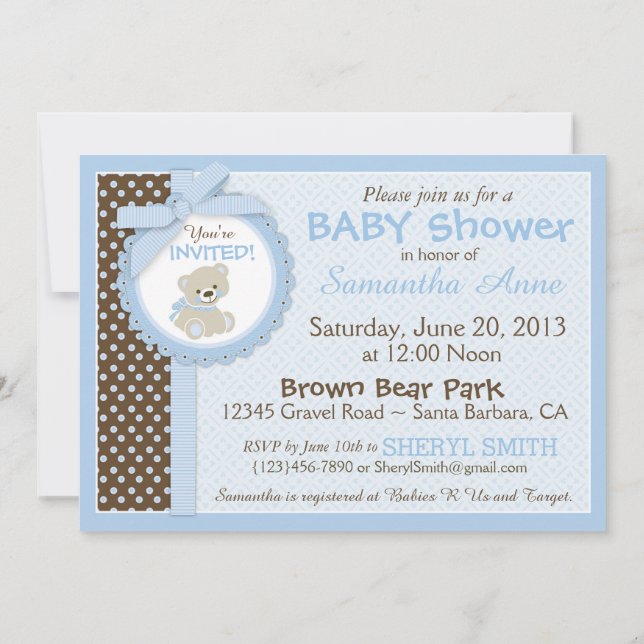 Teddy Bear Baby Boy Baby Shower Blue Invitation (Back)