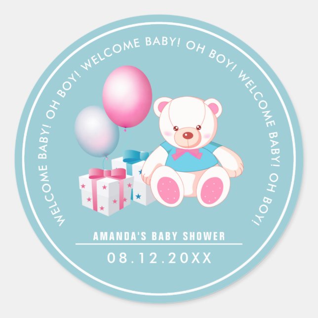 Teddy Bear | Baby Boy Baby Shower  Favor Stickers (Front)