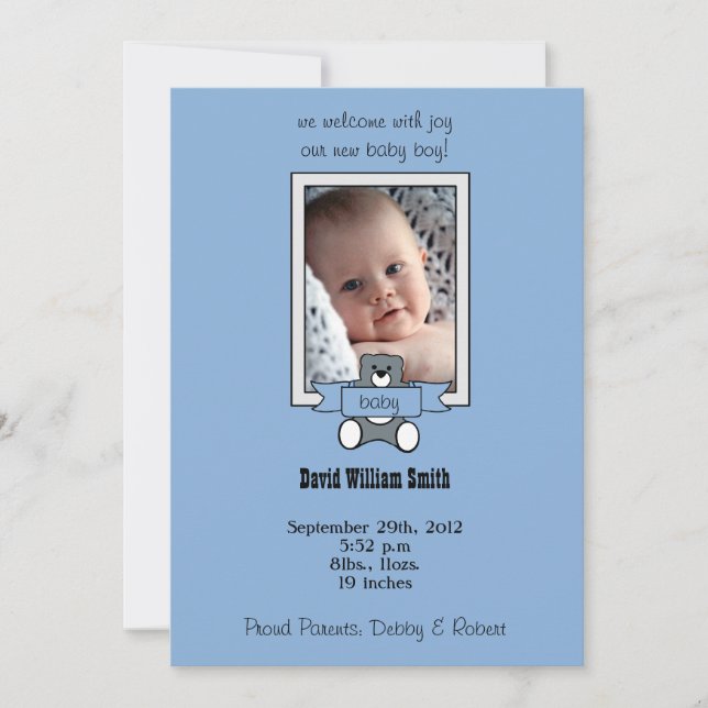 Teddy Bear - baby boy birth announcement cards (Front)