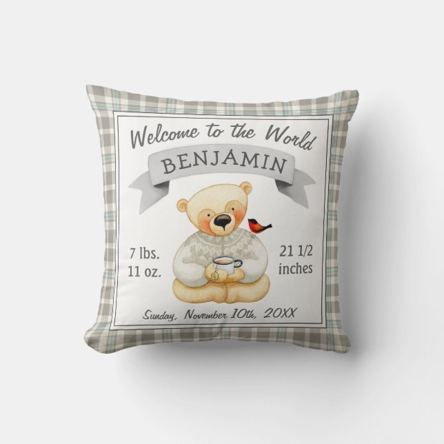 Teddy Bear Baby Boy Birth Stats Cushion (Front)