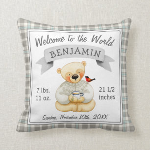 Teddy Bear Baby Boy Birth Stats Cushion