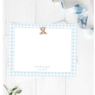 Teddy Bear Baby Boy blue and white Gingham Border Thank You Card