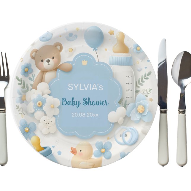 Teddy Bear Baby Boy Shower Paper Plate (Creator Uploaded)