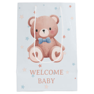 Teddy Bear Baby Boy Shower - Soft Blue Stars Medium Gift Bag
