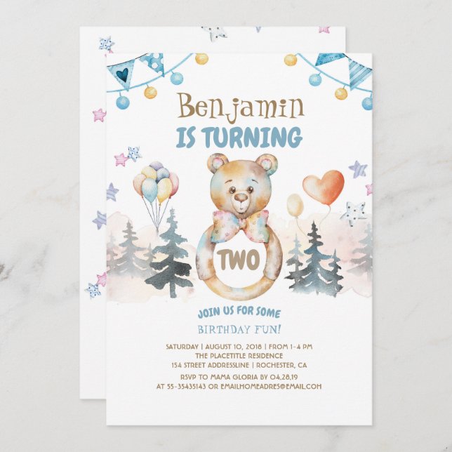 Teddy Bear Baby Boy's Birthday Party Invitation (Front/Back)