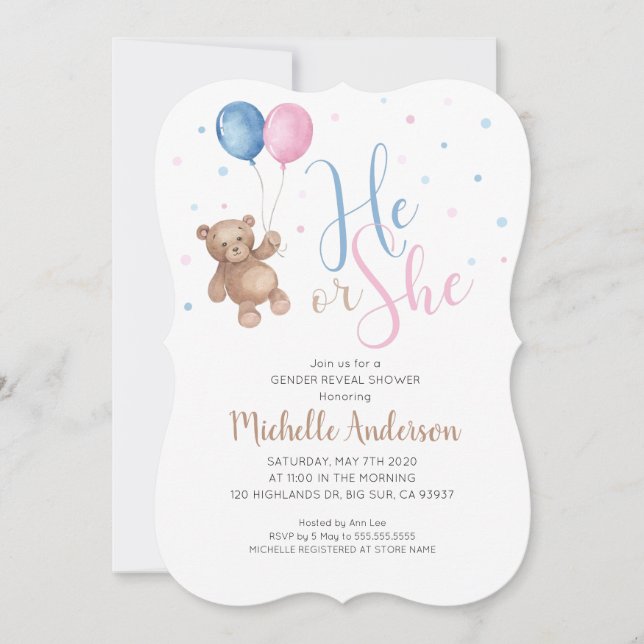 Teddy Bear Baby Gender Reveal Shower Invitation (Front)