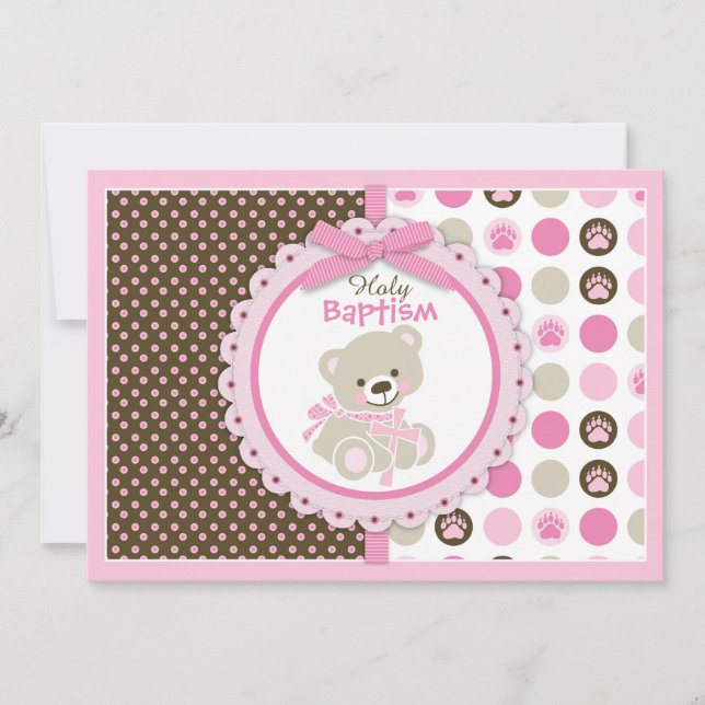 Teddy Bear Baby Girl Baptism Pink Invitation (Front)