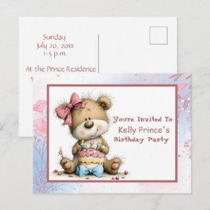 Teddy Bear Baby Girl Birthday Invitation Postcard
