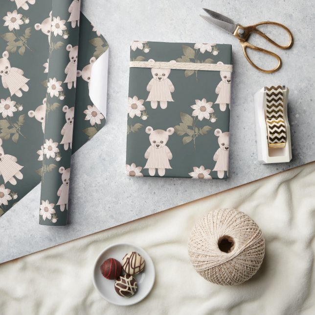 Teddy Bear Baby Girl Floral Baby Shower Wrapping Paper (Crafts)