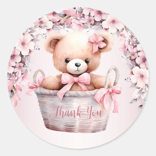Teddy Bear Baby Girl Pink Flowers Party Elegant Classic Round Sticker (Front)