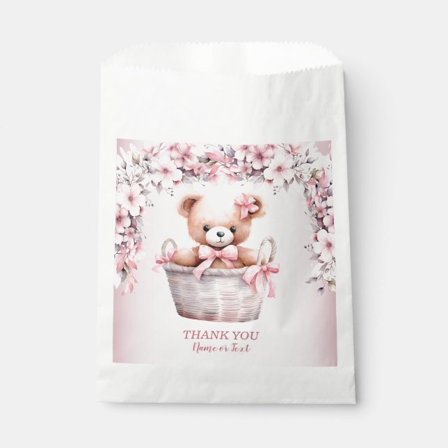 Teddy Bear Baby Girl Pink Flowers Party Elegant Favour Bag (Front)