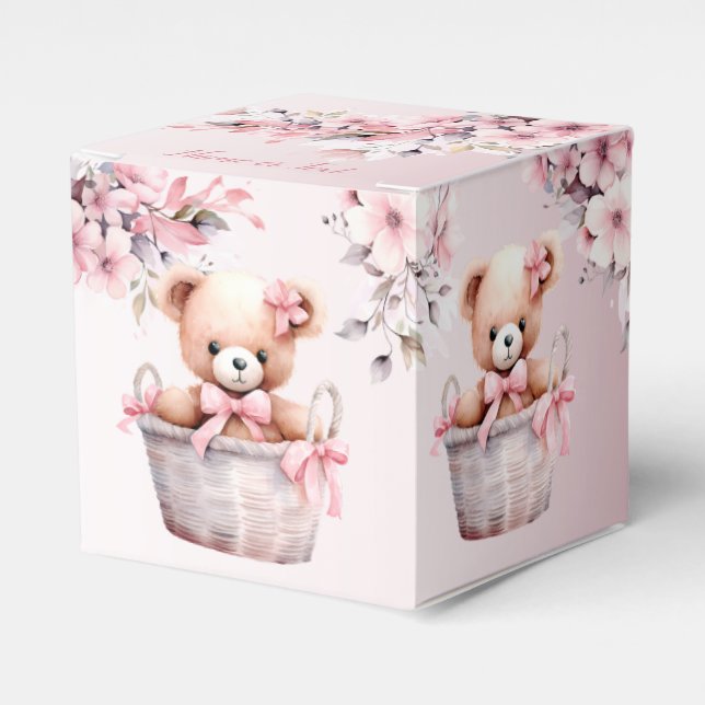 Teddy Bear Baby Girl Pink Flowers Party Elegant Favour Box (Front Side)