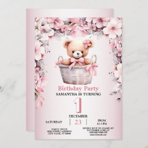 Teddy Bear Baby Girl Pink Flowers Party Elegant Invitation