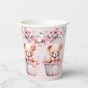 Teddy Bear Baby Girl Pink Flowers Party Elegant Paper Cups