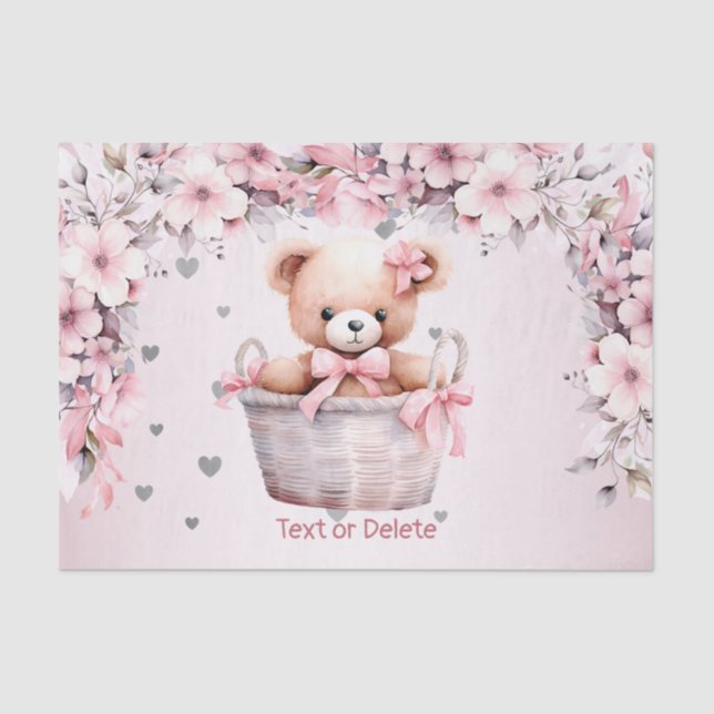 Teddy Bear Baby Girl Pink Flowers Party Elegant Tissue Paper (Front)