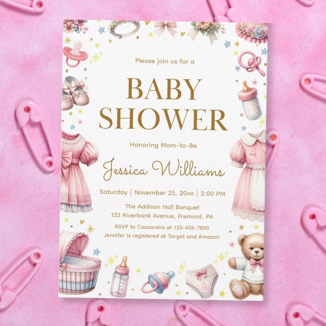 Teddy Bear Baby Girl Shower Invitation (Creator Uploaded)