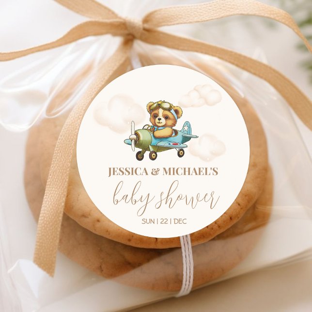 Teddy Bear Baby Pilot Aeroplane Baby Shower Classic Round Sticker (Teddy Bear Baby Pilot Airplane Baby Shower Classic Round Sticker)