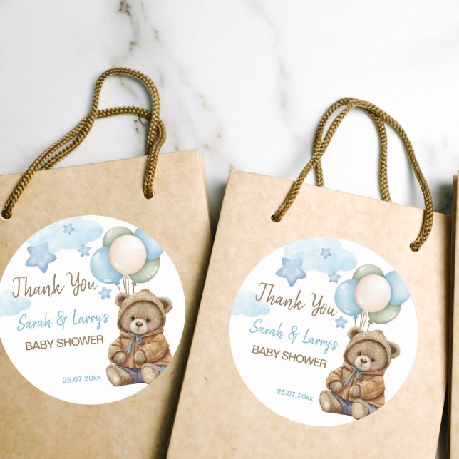 Teddy bear baby shower bearly wait thank you classic round sticker (Teddy bear baby shower favor gift tags thank you favor tags cute teddy bear in a jacket)